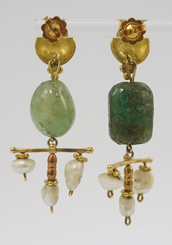 A pair of modern Italian 850 standard gold, jade and pearl set drop earrings, retailed by Massimo Maria Melis, Rome